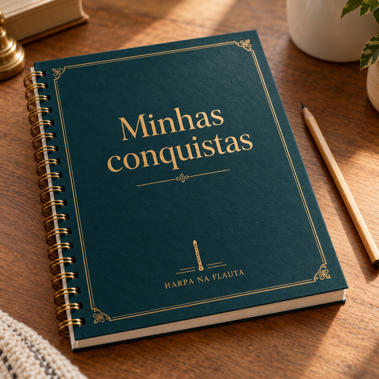 Mockup ilustrativo do caderno Minhas conquistas
