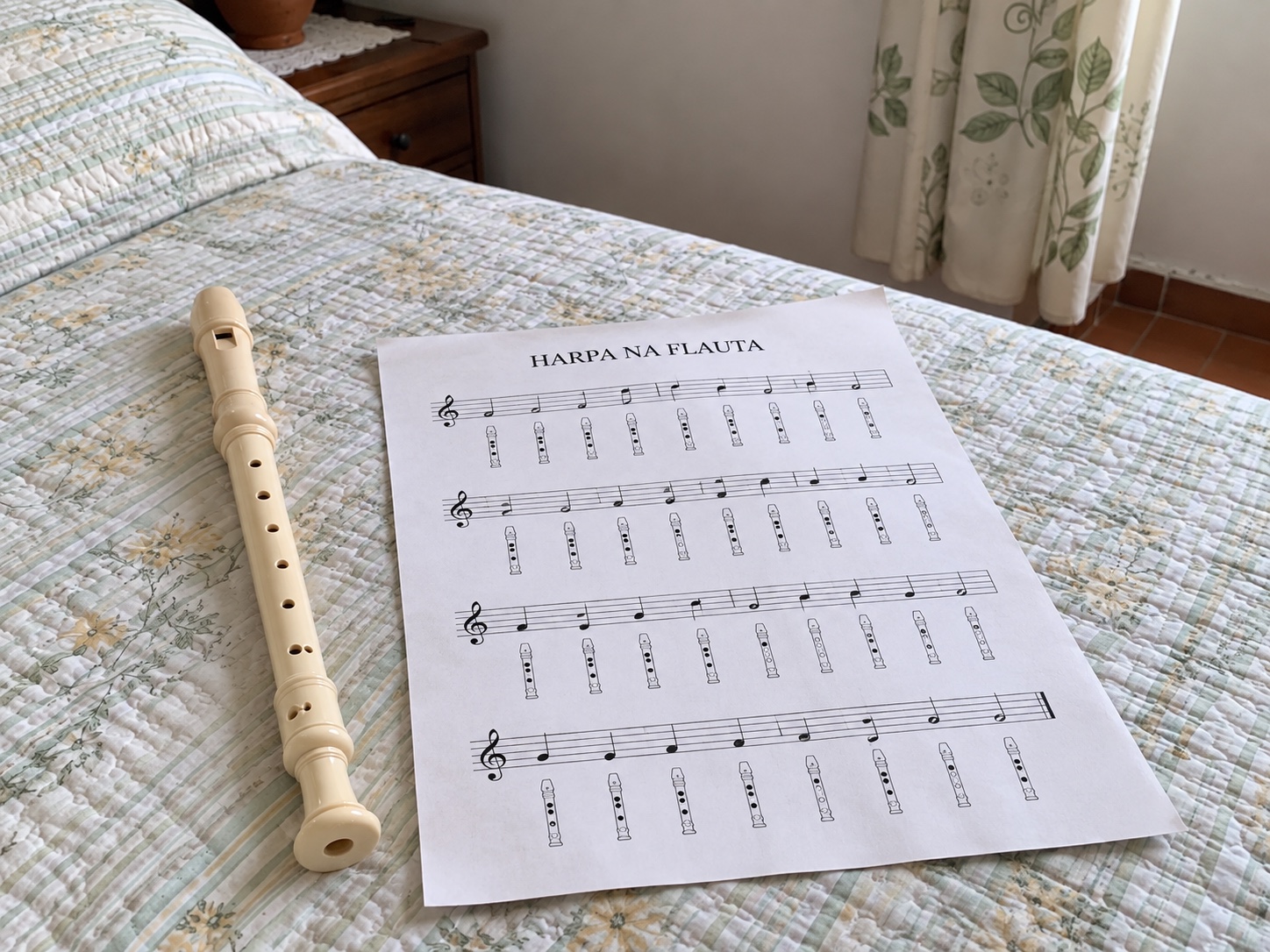 Cena criada com IA: flauta doce e partitura com desenhos de dedilhado abaixo das notas sobre uma colcha