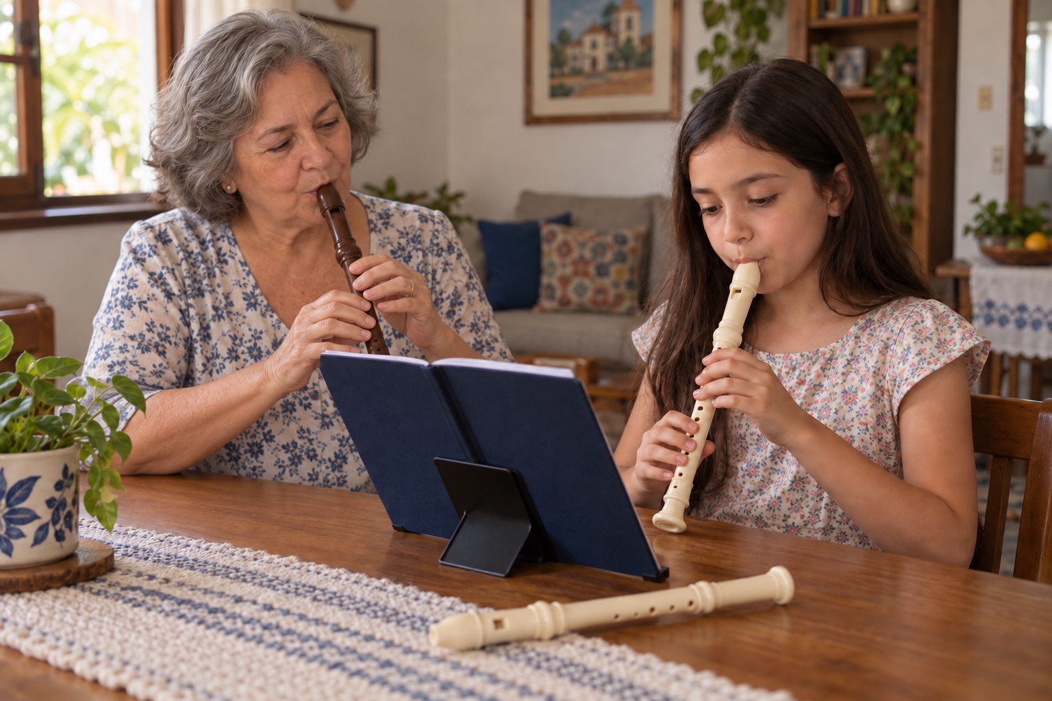 Cena ilustrativa de avó tocando flauta doce marrom junto com a neta em casa