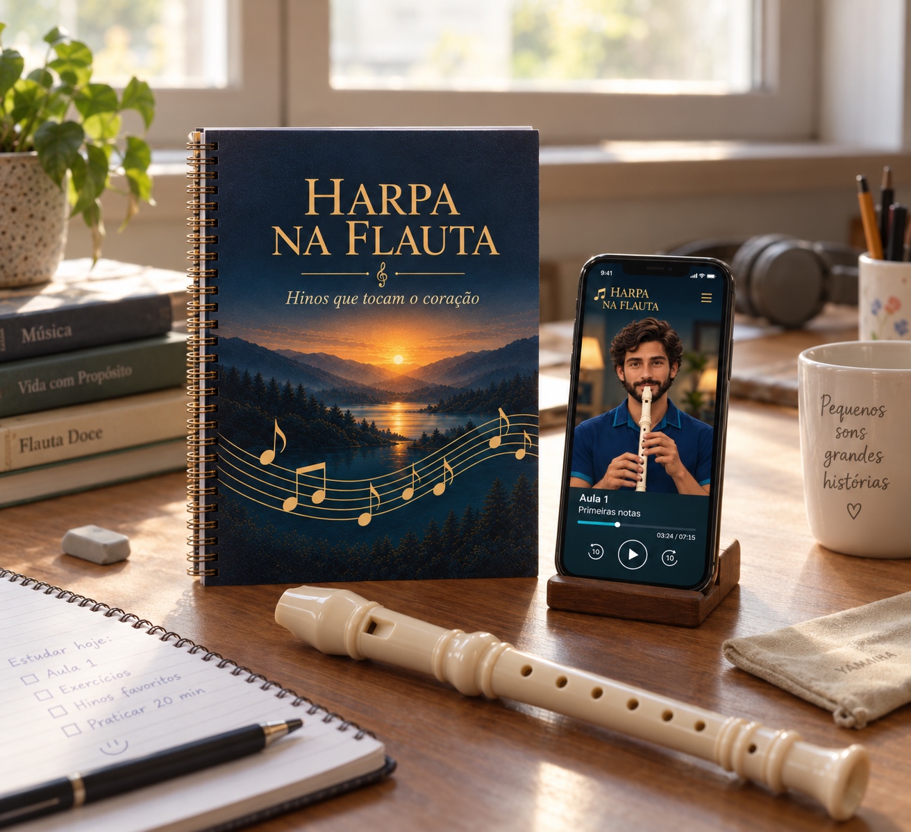Livro Harpa na Flauta ao lado de um celular com o professor virtual e uma flauta doce sobre a mesa; apresentação ilustrativa do produto digital
