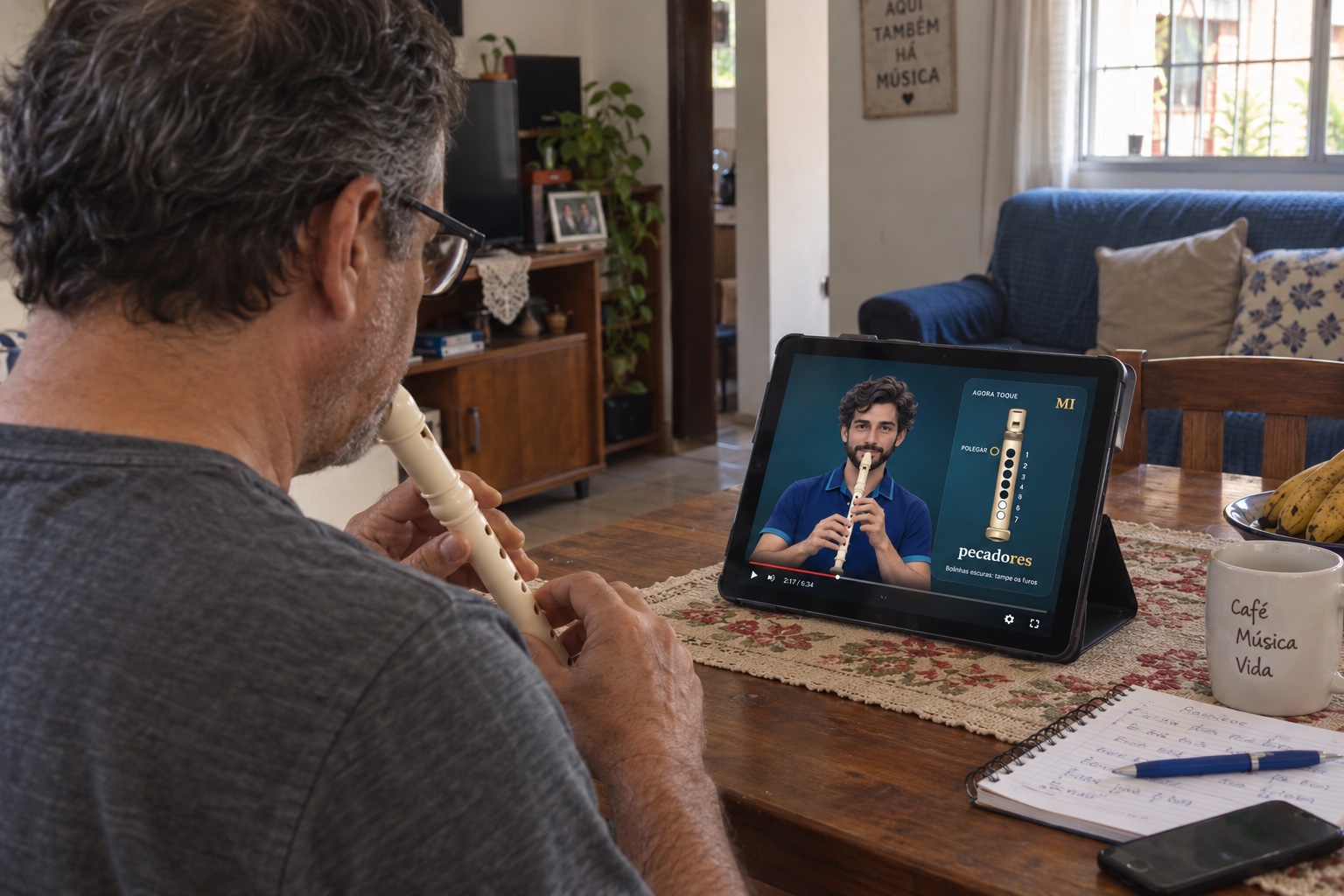 Cena ilustrativa de um senhor praticando flauta em casa: no tablet, o professor aparece à esquerda e a flauta com os furos e a nota destacada à direita